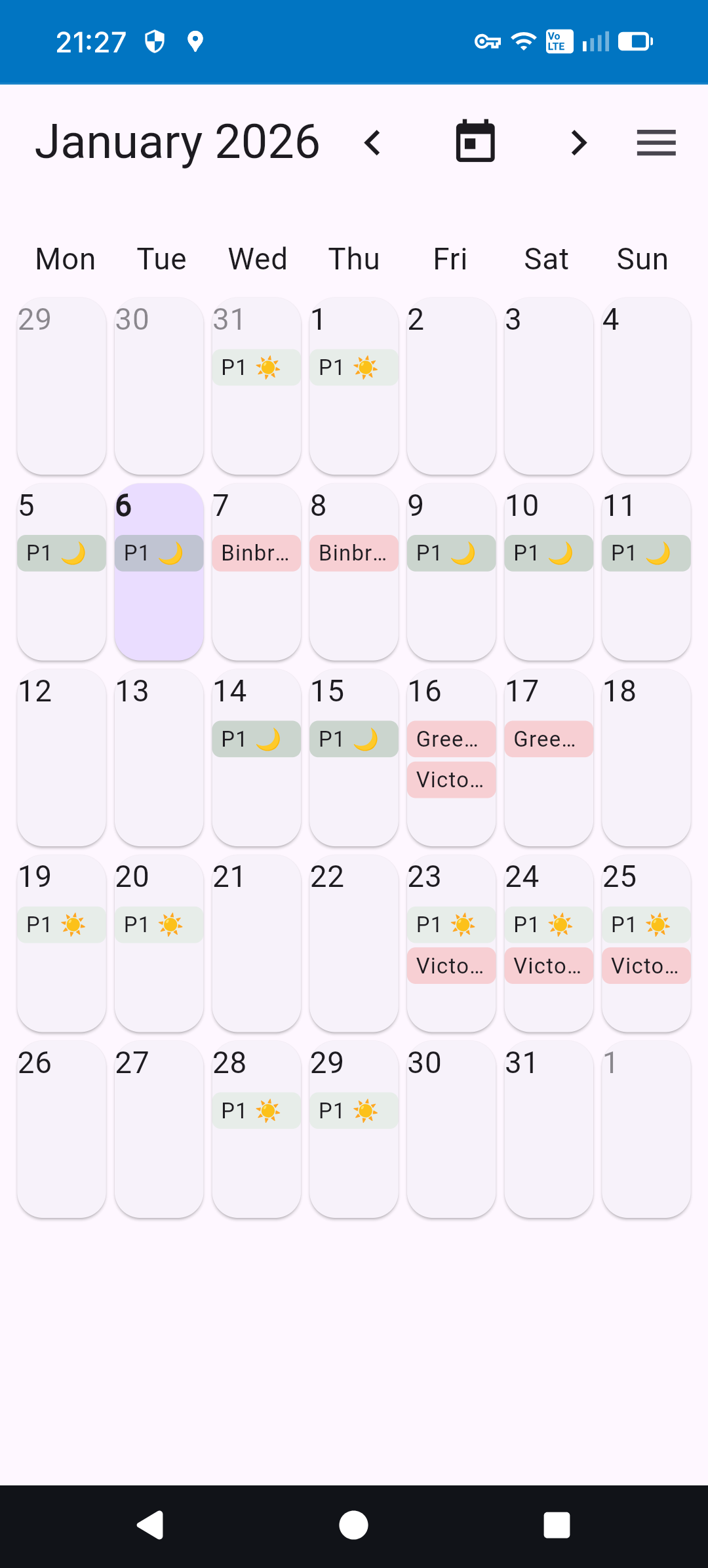 The HPS Shift Changes calendar showing a full platoon rotation.