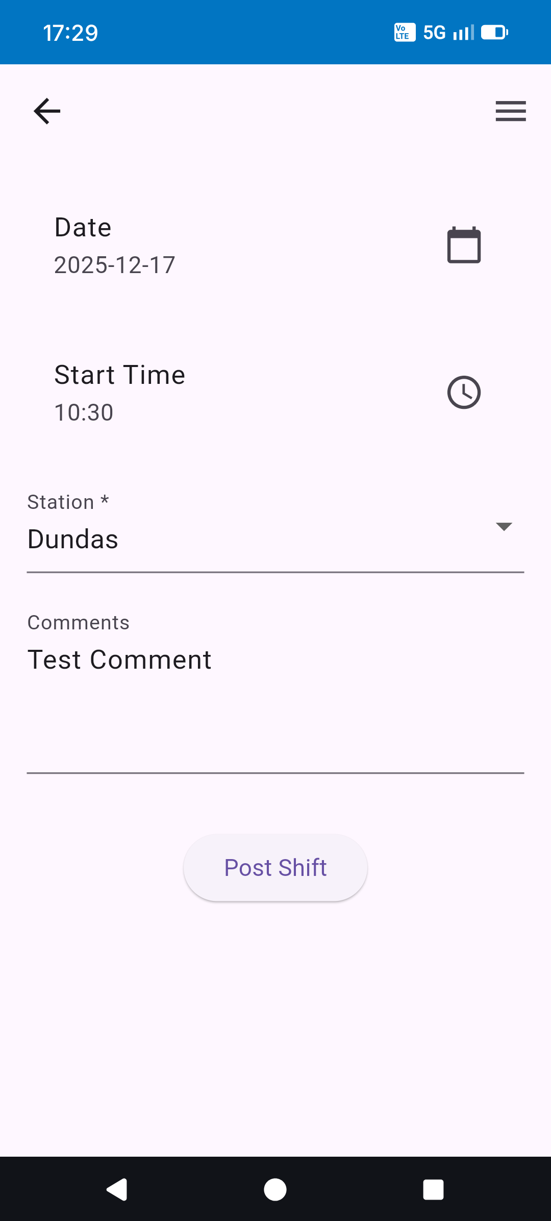 The post-a-shift screen, with date, time and station fields.